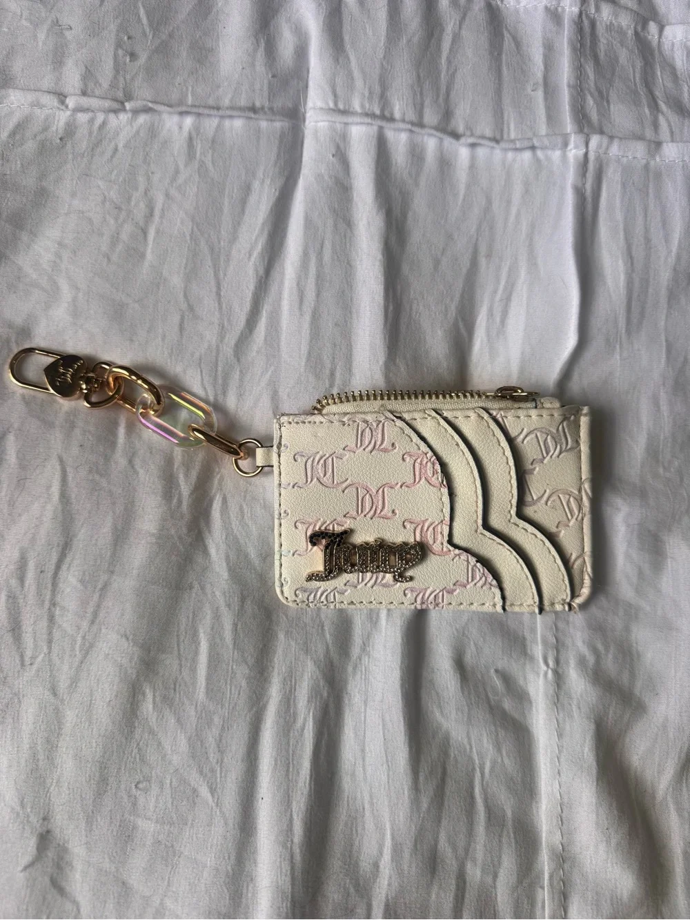 Juicy Couture Cream Card Holder Keychain with Pink Monogram